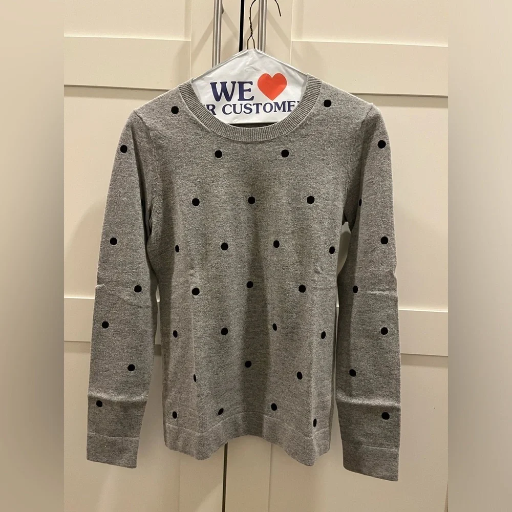 J Crew XS grey crewneck with black polka dots